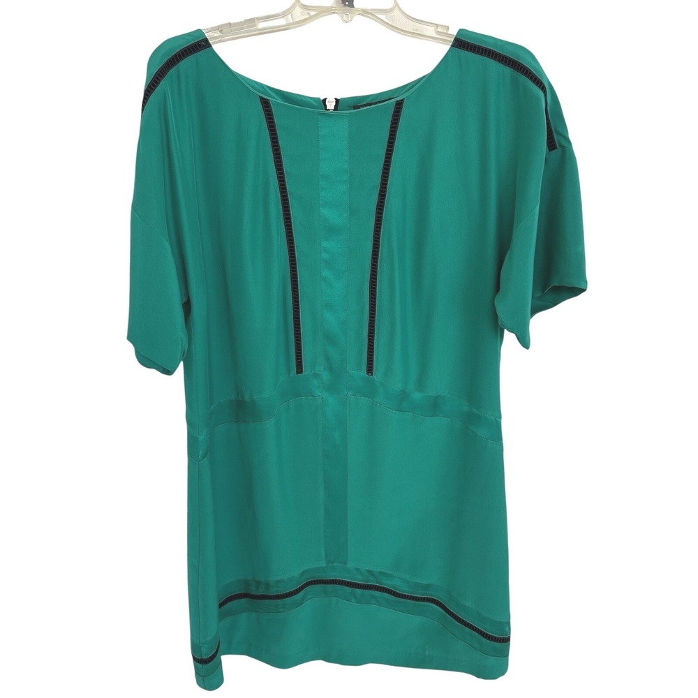Rag & Bone Green Silk Shift Dress Black Ladder Lace Trim Back Zip Size 6 EUC